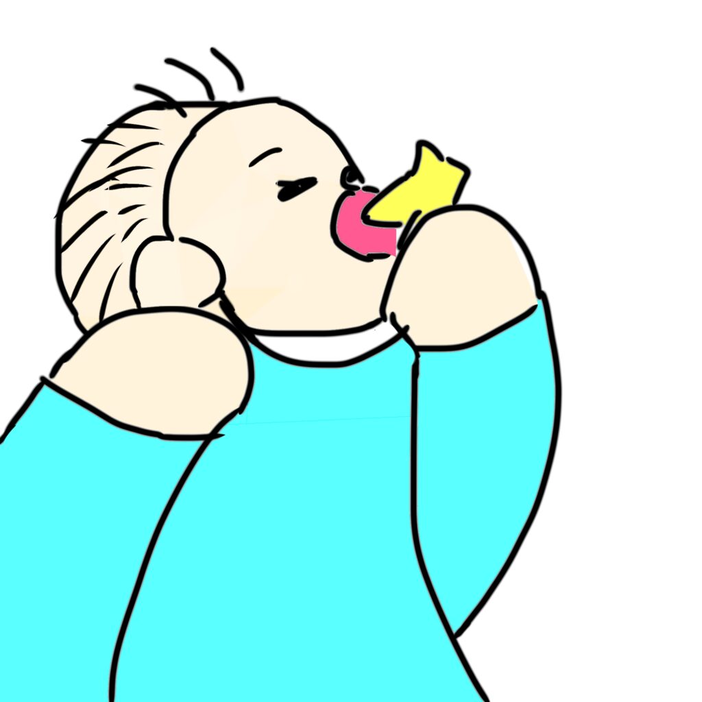 赤ちゃんがおもちゃを口にくわえて舐めているイラスト