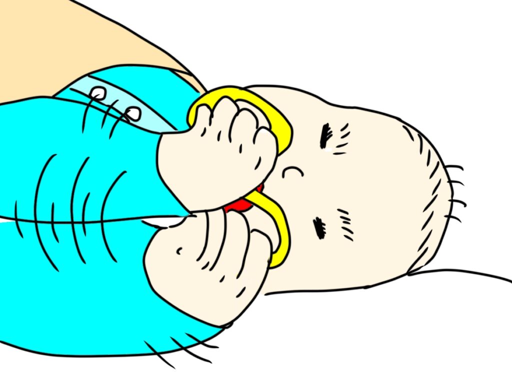 寝転んだ赤ちゃんが手を振って持っているおもちゃを舐めているイラスト